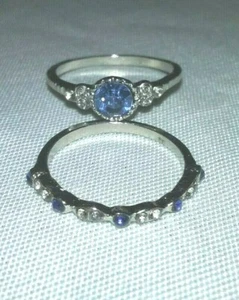 zafiro azul plata 925 relleno corte redondo talla 7 nuevo juego de 2 anillos - Imagen 1 de 4