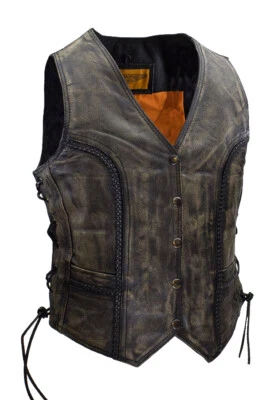 Chaleco de motociclista de cuero marrón tierra para mujer corte más largo oculto con cordones laterales Foto 1 de 4