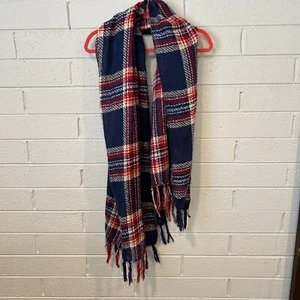 #8539 SIMONETTA BLUE RED CHECKERED TARTAN CASHMERE SCARF 29X70 - Picture 1 of 5