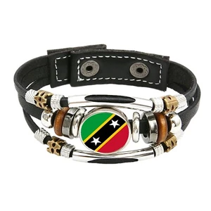 St Kitts And Nevis Black Leather Bracelet And Velvet Gift Bag - Picture 1 of 4