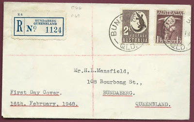 1948 Australia 1'3 Bull & 2/- Crocodile BUNDABERG QLD REGISTERED FDC - Image 1 of 3