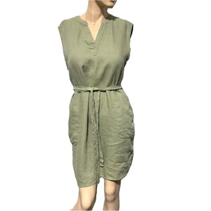 C&C California Women’s 100% Linen Dress Olive GreenTie Belt Sleeveless Size L - Picture 1 of 9