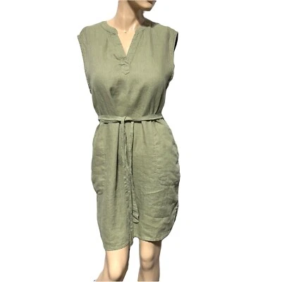 C&C California Women’s 100% Linen Dress Olive GreenTie Belt Sleeveless Size L - Image 1 of 4