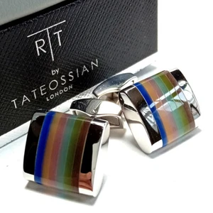 TATEOSSIAN Cufflinks Silver x Multicolor Blue Green Yellow Stripe Resin D Shape - Picture 1 of 5