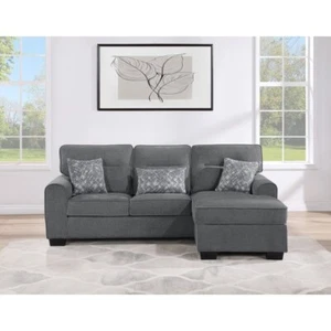 Stylish Sectional Sofa Chaise w/ Pillows Soft Fabric Living Room Couch, Charcoal - Picture 1 of 3