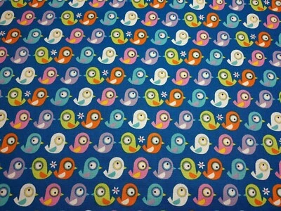 Multicolored Birds in Blue; OE100 Certified TT ORGANIC Cotton Fabric FAT QUARTER - Image 1 of 4