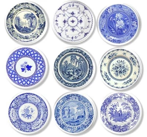 Blue White Toile Kitchen Cabinet Knobs, Antique Transfer Ware Look Drawer Pulls - Picture 1 of 6