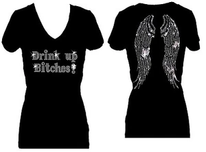 CAMISETA RHINESTONE DRINK UP BITCHES ANGEL WINGS MANGA CORTA ST PATRICKS - Imagen 1 de 2