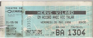 Hervé Vilard ancien ticket billet concert OLYMPIA 31 mai 96 INVITATION +souche - Imagen 1 de 1