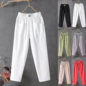 Women's Trousers Summer Linen Cotton Casual Loose Pockets Harem Pants Plus size - Picture 1 of 15