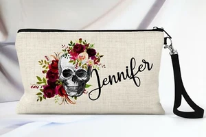 Red Roses Skull Makeup Bag Personalized Pencil Pouch Gothic Travel Toiletry Bag - Picture 1 of 8