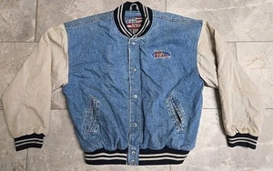 Vintage NO Fear Denim Snap Up Blue Bomber Varsity Jacket Mens L READ - Picture 1 of 8