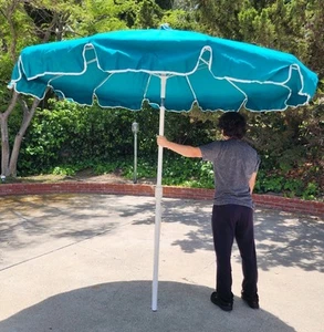 New Vtg 1980's MALLIN Outdoor Patio Umbrella 7.5ft Push Button Tilt Turquoise - Picture 1 of 22
