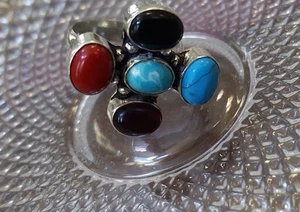 Turquoise, Coral, Onyx Silver Plated Fashion Ring Size 8.5 - Picture 1 of 3