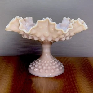 Vintage Fenton Pink Rose Milk Glass Hobnail Pedestal Compote Dish Ruffled - Picture 1 of 7