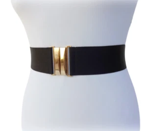 Women's Wide Black Elastic Waist Belt with Gold Clasp - Picture 1 of 9