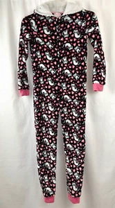Girl's Rene Rofe One Piece Hooded Pajamas, Fleece, Blk/Wht/Pnk Kitty Cats Sz 7/8 - Picture 1 of 8