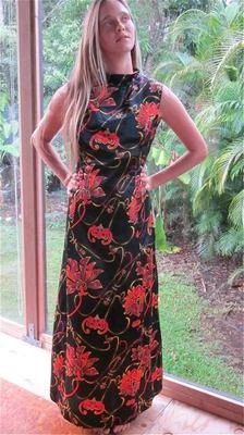 Conjunto Abrigo Vestido Vintage Años 70 Cheongsam Asiático Seda Satén Mod Floral Columna Vestido M Foto 1 de 4