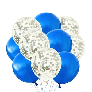 12 Pack Mix Solid Blue & Silver Confetti Party Balloons Birthday Baby Shower - Picture 1 of 1