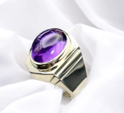 Anillo unisex de plata 925 con cabujón natural banda de amatista de plata para hombre y mujer Foto 1 de 3