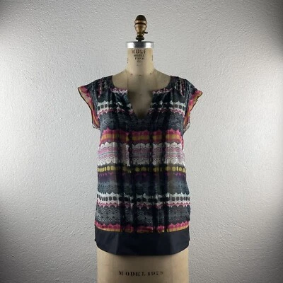 Anthropologie l 4 Odille Colorful Silk Chiffon Lace Print Pintuck Pleated Blouse - Image 1 of 4