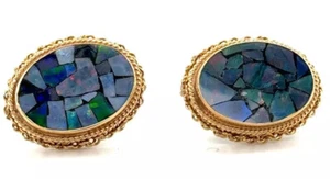 Australian Black Opal Mosaic Braided Edge Stud Earrings 14k Yellow Gold 5.9g - Picture 1 of 7