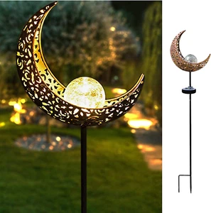 Garden Solar Light Outdoor Decorative, Moon Crackle Glass Globe Stake Metal Ligh - Picture 1 of 9