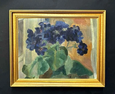 Внутренний натюрморт Marie Albrectsen (1908) с синими фиалками. Тонкое масло. Приблизительно 1940 - Изображение 1 из 4