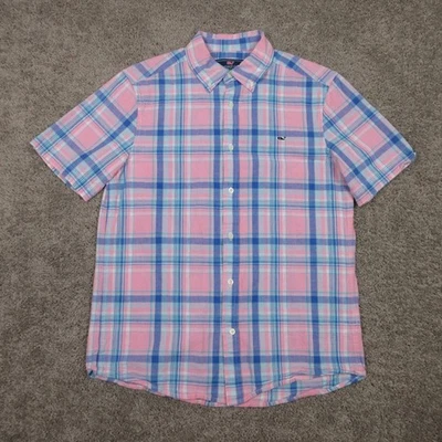 Vineyard Vines Shirt Mens Medium Pink Plaid Indian Madras Linen Whale Button Up - Image 1 of 4