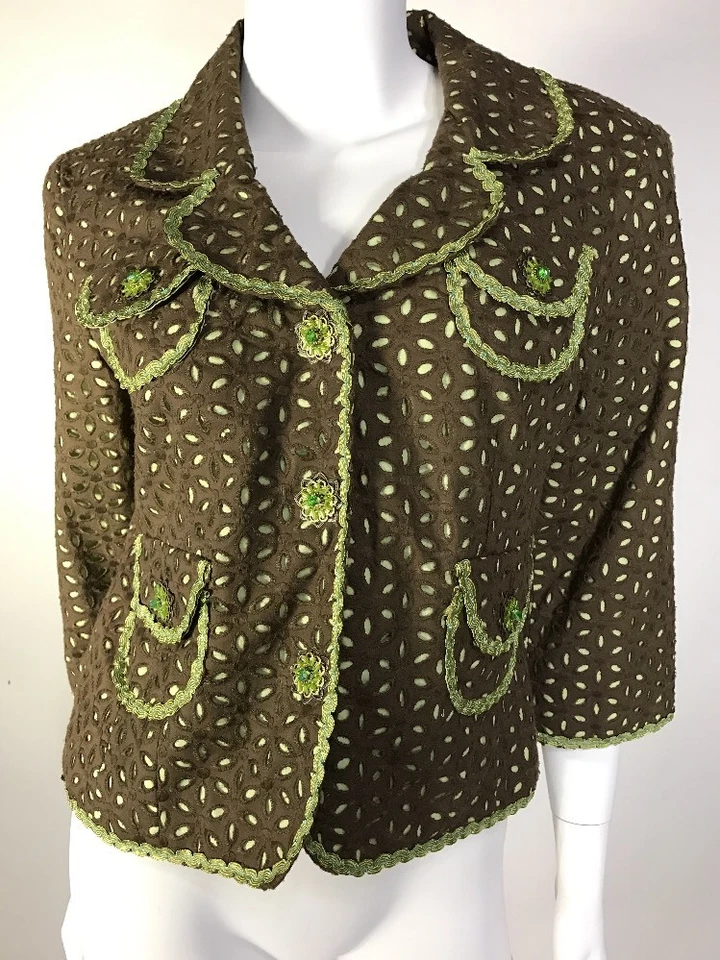 Blazer mujer Cynthia Steffe de segunda mano tela bordada talla 10 marrón/verde Foto 1 de 4