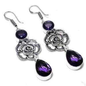 Purple Amethyst Gemstone Handmade 925 Sterling Silver Jewelry Earring Size 2.2" - Picture 1 of 1