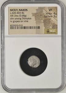 c.420-403 BC SICILY, NAXOS AR Litra NGC VF Strike: 4/5 Surface: 3/5 Obv Dionysus - Picture 1 of 4