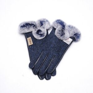 SNOW PAW NAVY HARRIS TWEED AND LEATHER LADIES GLOVES WITH FAUX FUR SIZES S M L