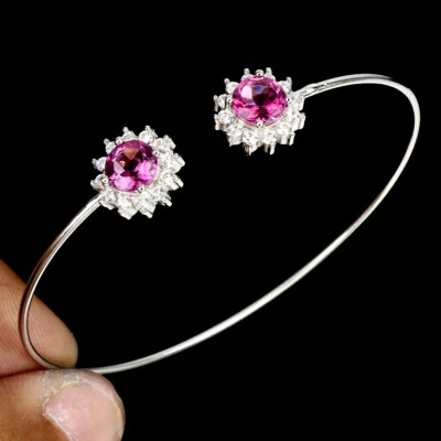 Bracciale Cuff In Argento Sterling 925 Con Topazio Rotondo Gemma 6Mm - Immagine 1 di 4