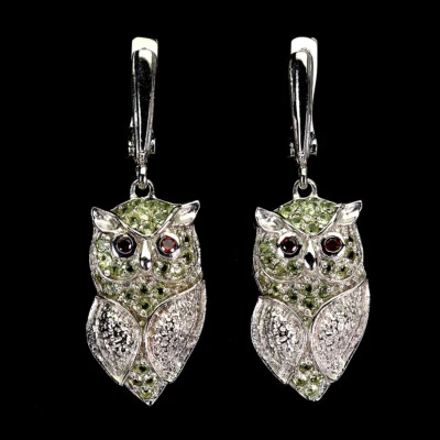 925 Sterlingsilber Ohrringe Rhodolith Granat Peridot Edelstein Eulen Schmuck - Bild 1 von 4