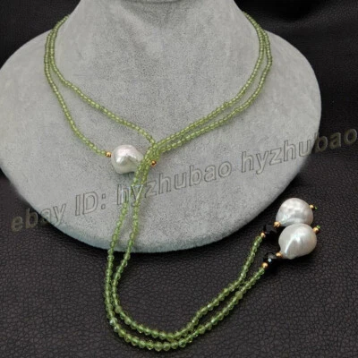 3mm Faceted Green Peridot Gem Natural White Keshi Baroque Pearl Pendant Necklace - Image 1 of 4