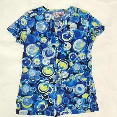 Koi Kathy Peterson Scrub Top Blue White & Yellow Pattern Women’s Size XS #224-PR - Image 1 of 4
