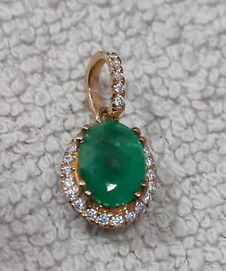 14k Gold Natürlich Sambianischer Smaragd & Diamanten Anhänger Schmuck - Bild 1 von 7