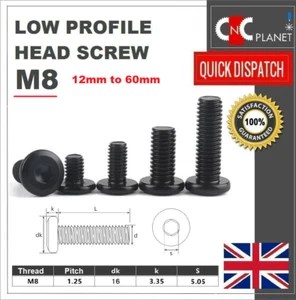 M8 Low Profile Thin Head Screws Bolt 12/15/20/25/30/35/40/45/50/60mm Black - Picture 1 of 8