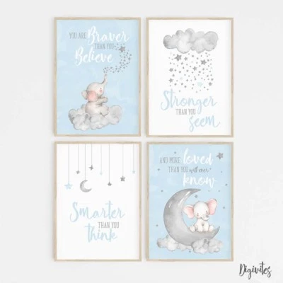 Baby Boy Nursery Wall Art Decor Prints. Elephant, moon clouds, Stars. Set of 4