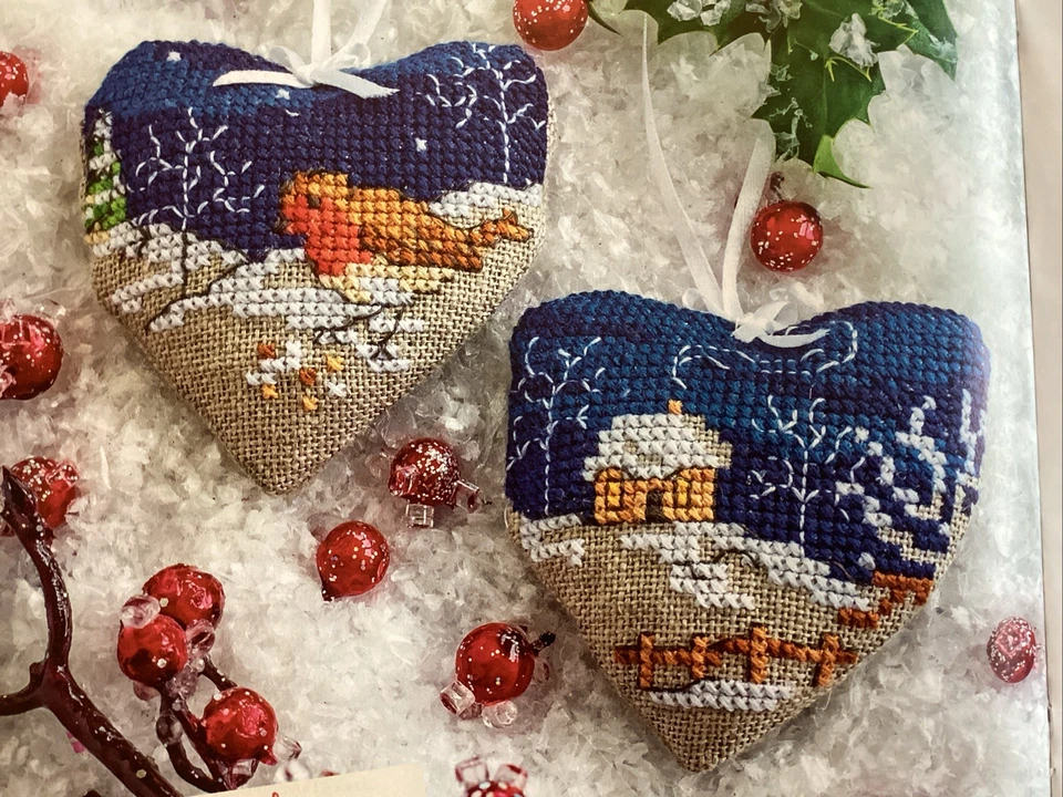 Rustic Scene Heart Decorations Robin Winter Cottage Christmas Cross Stitch Chart - Image 1 of 1