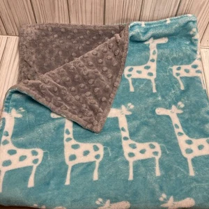 Baby Aqua Teal Blue Gray Minky Giraffe Plush Crib Blanket Soft Square 27" x 28" - Picture 1 of 9