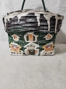 Hand Painted Woven Hanging Christmas Basket Tree Candles Holiday House Design - Picture 1 of 5