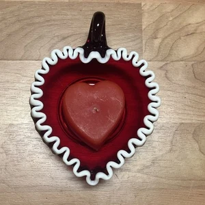 Vtg Fenton Glass Ruby Red with White Crimped Edge Heart Candy Dish Bowl Nappy 6" - Picture 1 of 7