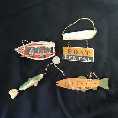 老式质朴鱼舱圣诞装饰品民间艺术 4 件套 — 第 1/4 张图片