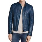 Men's Blue Cafe Racer Motorcycle Genuine Lambskin Leather Jacket Outfit Man's