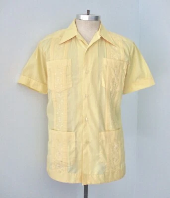Vtg 70s Yellow Guayaberas Poly Cotton Cuban Wedding Button Shirt Embroidered L - Image 1 of 4
