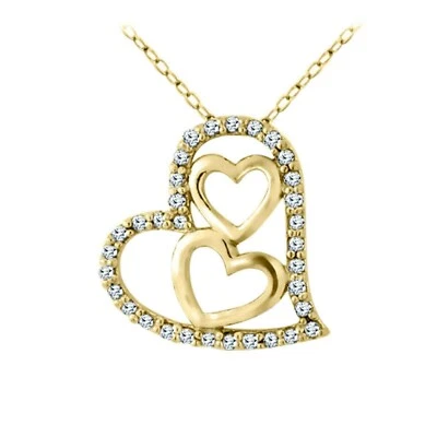 14K Placcato Oro Giallo 1/10 KT Moissanite Triplo Cuore Ciondolo 18 " Free Chain - Immagine 1 di 4