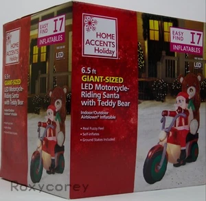 Home Accents Holiday 6.5 ft Santa Riding Motorcycle w/Teddy Bear Inflatable - Picture 1 of 3