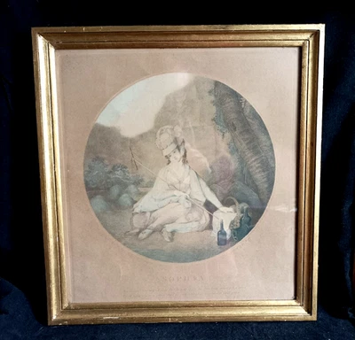 Gravure polychrome XVIIIe S. " SOPHIA" encadrée dans cadre doré - J. HOGG - Photo 1/4